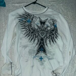 White Long Sleeve Shirt with Winged Cross Design